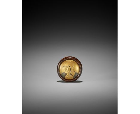 HOJUSAI: A RARE LACQUERED WOOD KAGAMIBUTA NETSUKE DEPICTING A RAKAN By Hojusai, signed Hojusai 宝珠齋 with kakihanJapan, 19th ce