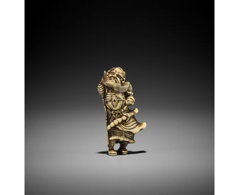 A POWERFUL STAG ANTLER NETSUKE OF KAN'U, ATTRIBUTED TO TOMOHISA Unsigned Japan, Kyoto, mid-18th century, Edo period (1615-186