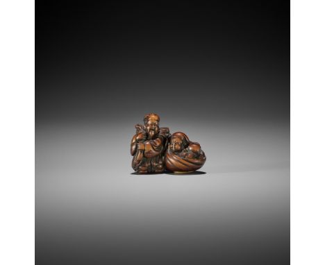 SHUGETSU III: A WOOD NETSUKE OF EBISU AND DAIKOKU By Hara Shugetsu III, signed Shugetsu 舟月Japan, Edo (Tokyo), mid-19th centur