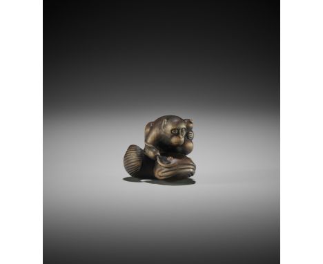 A WOOD NETSUKE OF A MONKEY WITH GOURD AND NAMAZU, ATTRIBUTED TO CHIKUSAI Attributed to Chikusai, unsignedJapan, Edo (Tokyo), 
