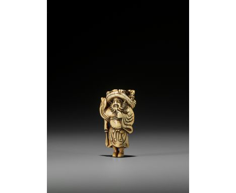 A POWERFUL KYOTO SCHOOL IVORY NETSUKE OF SHOKI AND ONI UnsignedJapan, Kyoto, late 18th century, Edo period (1615-1868)The dem