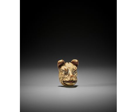 MITSUNOBU: A MASTERFUL LACQUERED WOOD MASK NETSUKE OF A FOX (KITSUNE) By Mitsunobu, signed Mitsunobu 光信Japan, first half of 1
