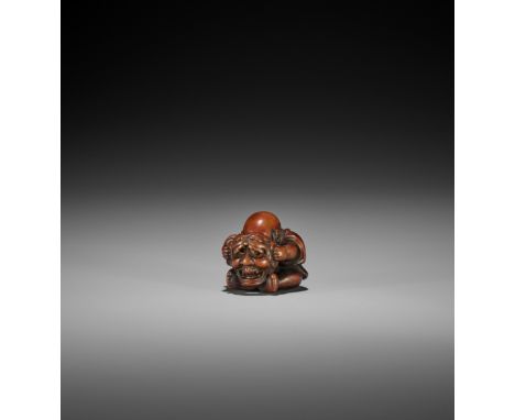 MINKO: A WOOD NETSUKE OF A KARAKO WITH HANNYA MASK After Tanaka Minko (1735-1816), signed Minko 珉江 with kakihanJapan, Tsu, mi