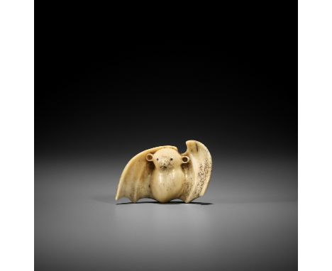 KOGETSU: A RARE STAG ANTLER NETSUKE OF A BAT By Kogetsu, signed Kogetsu 耕月Japan, Tokyo, Asakusa, second half of 19th centuryC