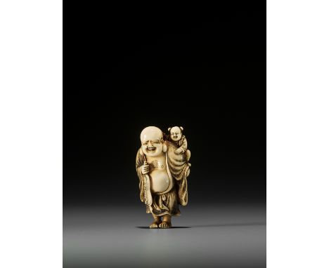 OKAKOTO: AN IVORY NETSUKE OF HOTEI WITH KARAKO By Okakoto, signed Okakoto 岡言Japan, Kyoto, late 18th century, Edo period (1615