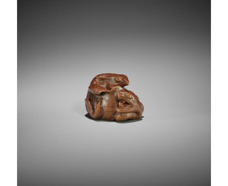 ARIMA TOMONOBU: A LARGE NAGOYA SCHOOL WOOD NETSUKE OF THE SANSUKUMI By Arima Tomonobu, signed Tomonobu 友信Japan, Nagoya, 19th 