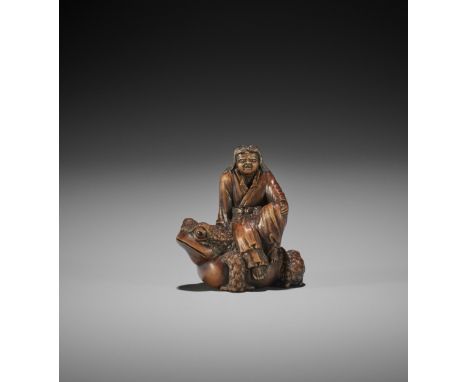 MASANAO: A RARE WOOD NETSUKE OF GAMA SENNIN SEATED ON THE FROG GOD SEIAJIN By Masanao, signed Masanao 正直Japan, Ise-Yamada, fi