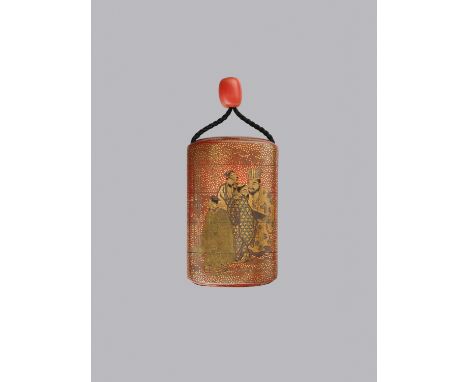 KOMA KYUHAKU: A RED AND GOLD LACQUER FOUR-CASE INRO DEPICTING THE SEVEN SAGES OF THE BAMBOO GROVE By Koma Kyuhaku, signed Kom