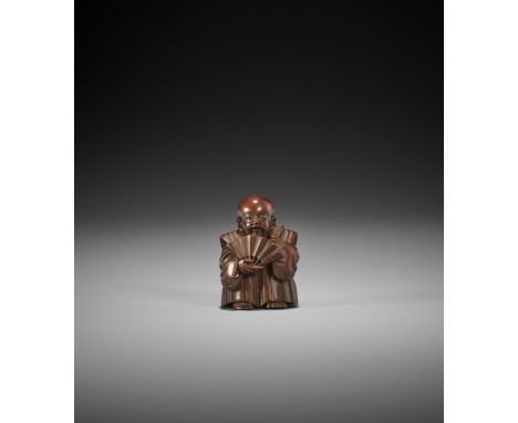 A FINE WOOD NETSUKE OF FUKUSUKE WITH OKAME MASK UnsignedJapan, Edo/Tokyo, second half of 19th centuryVery finely carved, stai