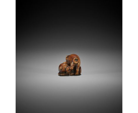 A WOOD NETSUKE OF TWO PUPPIES Signed with a kakihanJapan, possibly Tanba, 19th century, Edo period (1615-1868)Finely carved a