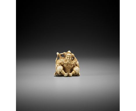 RYUSAI: A FINE IVORY NETSUKE OF SHOKI WITH A BAG OF ONI By Ryusai, signed Ryusai 隆齋Japan, Edo (Tokyo), mid-19th century, Edo 