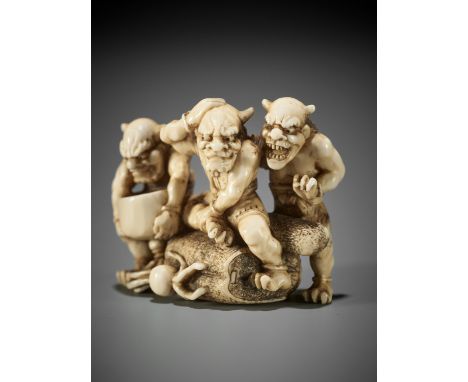 A FINE EDO SCHOOL IVORY NETSUKE OF THREE ONI WITH TABAKO-IRE SET UnsignedJapan, Edo (Tokyo), mid-19th century, Edo period (16