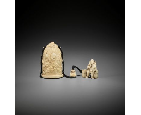 TOMOCHIKA: A RARE IVORY THREE-CASE INRO IN THE FORM OF A TEMPLE BELL AND DEPICTING BENKEI, WITH IVORY NETSUKE AND OJIME The i