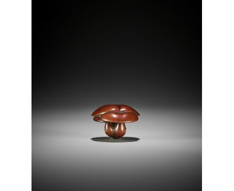 A WOOD NETSUKE OF A CLUSTER OF SHIMEJI MUSHROOMS UnsignedJapan, 19th century, Edo period (1615-1868)Depicting three mushrooms