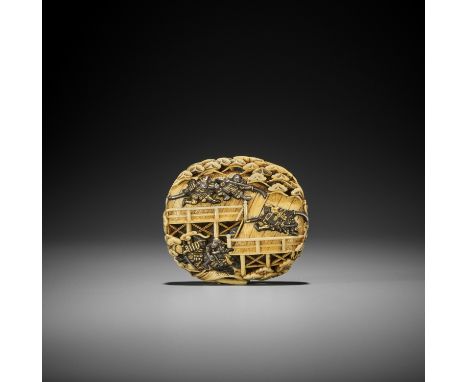 A LARGE METAL-INLAID WALRUS TUSK RYUSA MANJU NETSUKE WITH A SCENE FROM THE BATTLE OF UJI UnsignedJapan, Tokyo, Asakusa, secon