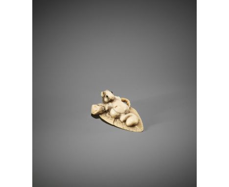 A CHARMING OSAKA SCHOOL IVORY NETSUKE OF A SQUIRREL ON A LEAF UnsignedJapan, Osaka, c. 1800, Edo period (1615-1868)The squirr