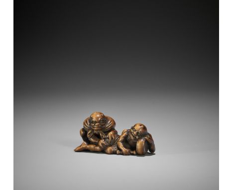 A RARE WOOD NETSUKE OF RAIJIN AND FUTEN UnsignedJapan, 19th century, Edo period (1615-1868)An amusing and unusual wood netsuk