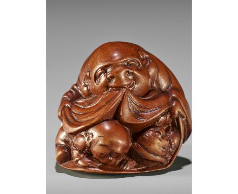 OTOMAN: A MASTERFUL WOOD NETSUKE OF HOTEI WITH TWO CHILDREN By Matsushita Otomitsu (Otoman), signed Otomitsu 音滿Japan, Hakata,