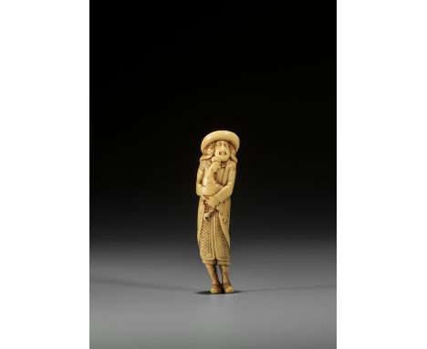A STAG ANTLER NETSUKE OF A DUTCHMAN WITH COCKEREL Unsigned Japan, late 18th century, Edo period (1615-1868)Carved from a holl