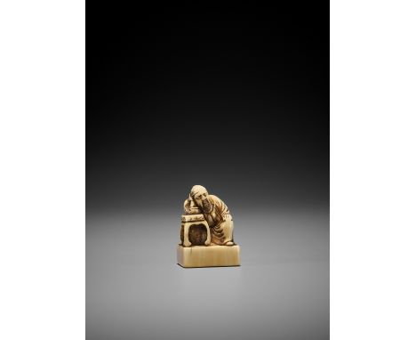 AN EARLY IVORY NETSUKE OF RIHAKU UnsignedJapan, early to mid-18th century, Edo period (1615-1868)An early ivory netsuke of th