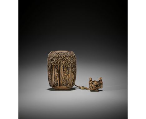 A FINE WOOD TONKOTSU WITH THE SEVEN SAGES OF THE BAMBOO GROVE UnsignedJapan, 18th (the netsuke) and 19th century (the tonkots