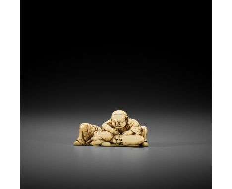 AN EARLY IVORY NETSUKE OF HOTEI AND FUKUROKUJU UnsignedJapan, early to mid-18th century, Edo period (1615-1868)Depicting the 