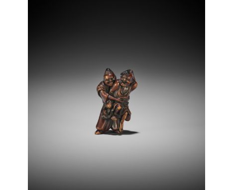 AN EDO SCHOOL WOOD NETSUKE OF TAIRA NO TADAMORI CAPTURING THE OIL THIEF Unsigned Japan, Edo (Tokyo), early 19th century, Edo 