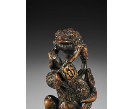 TOYOKAZU: A SUPERB WOOD NETSUKE OF GAMA SENNIN By Shugasai Toyokazu, signed Toyokazu 豊一Japan, Sasayama, Tanba province, mid-1