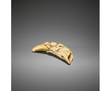 A RARE IWAMI SCHOOL BOAR'S TOOTH NETSUKE OF A CRAB ON LOTUS LEAF UnsignedJapan, Iwami province, late 18th to early 19th centu