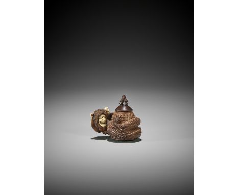 AN INLAID WOOD NETSUKE OF KIYOHIME, ATTRIBUTED TO MINKO Attributed to Tanaka Juntoko Minko (1735-1816), unsignedJapan, Tsu, f