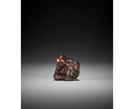 SARI: A NAGOYA SCHOOL WOOD NETSUKE OF A SLUMBERING SHOJO By Sari, signed Sari 左里Japan, Nagoya, 19th century, Edo period (1615