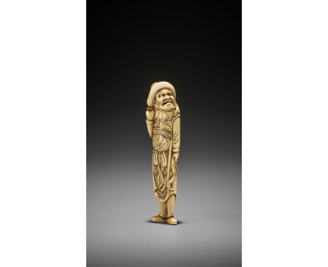 A TALL IVORY NETSUKE OF A TARTAR ARCHER UnsignedJapan, late 18th century, Edo period (1615-1868)Finely carved standing with t