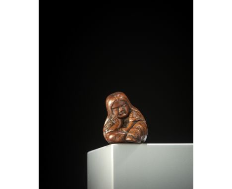 MASAKAZU: A FINE NAGOYA SCHOOL WOOD NETSUKE OF A SLUMBERING SHOJO By Masakazu, signed Masakazu 正一Japan, Nagoya, 19th century,