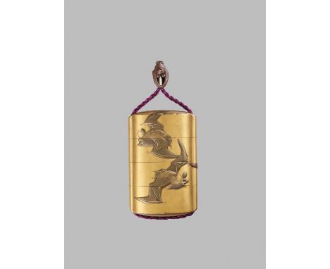 SHIBATA REISAI: A RARE GOLD LACQUER THREE-CASE INRO WITH BATS By Shibata Reisai (1850-1915), signed Reisai 令哉Japan, Tokyo, la