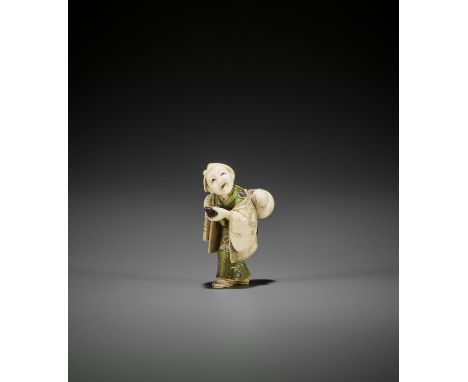 YASUTOMO: A TOKYO SCHOOL IVORY NETSUKE OF A DRUNKARD By Yasutomo (Hoyu), signed Yasutomo 保友Japan, Tokyo, early 20th century, 