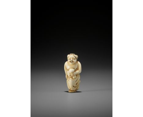 AN IVORY SHUNGA NETSUKE OF OKAME HOLDING A MUSHROOM UnsignedJapan, c. 1800, Edo period (1615-1868)Published: Barbanson, Adrie