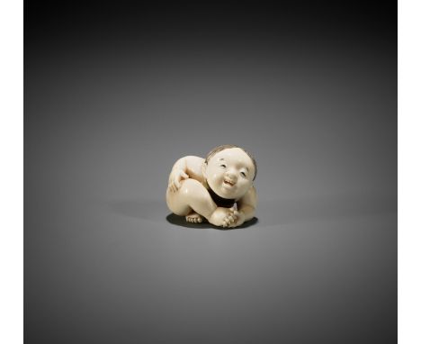 YASUAKI: A SUPERB INLAID TOKYO SCHOOL IVORY NETSUKE OF A CHUBBY BOY By Yasuaki (Homei), signed Yasuaki 保明 with seal Kodama 見玉