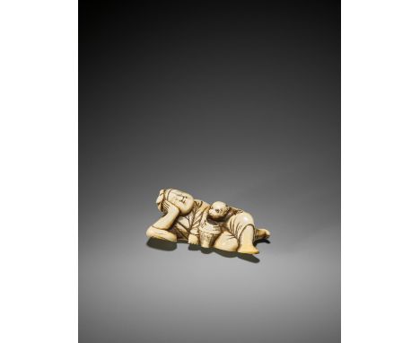 A GOOD IVORY NETSUKE OF A SLEEPING SARUMAWASHI AND THIEVING MONKEY Unsigned Japan, 18th century, Edo period (1615-1868)Of com