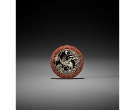 A TSUISHU AND SHIBUICHI KAGAMIBUTA NETSUKE WITH BENTEN, QUAILS AND MILLET UnsignedJapan, 19th century, Edo period (1615-1868)