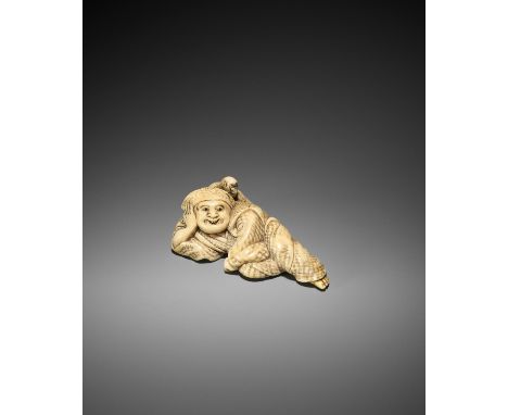 YOSHINAGA: A LARGE AND EXCEPTIONAL IVORY NETSUKE OF A RECLINING SARUMAWASHI WITH MONKEY By Yoshinaga, signed Yoshinaga 吉長Japa