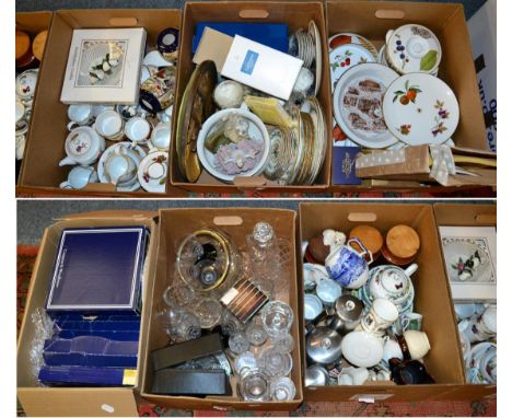 Six boxes of modern household ceramics and glass inlcuding cabinet plates, Royal Worcester Eavesham wares, Coalport teawares 