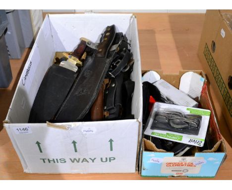 A quantity of various knives, including multi-tool penknives, hunting knives, machetes, etc (two boxes) BUYER MUST BE 18 YEAR