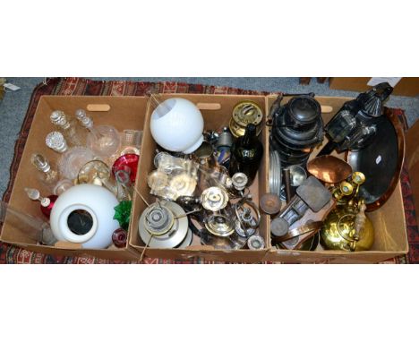 Three boxes of assorted metal wares and glass including a Georgian copper caddy, carriage lantern, silver plated teawares, oi