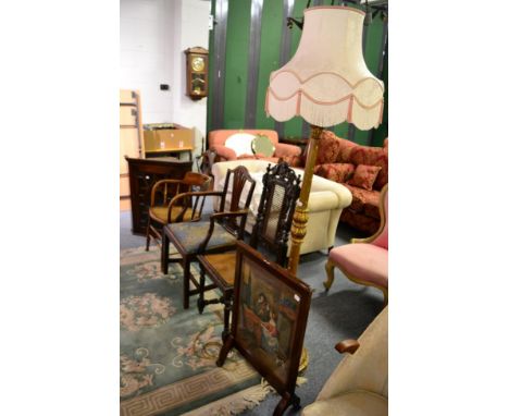 A gilt standard lamp with silk shade, three occasional chairs, a fire screen, a hanging corner cupboard, a Chinese rug (7)