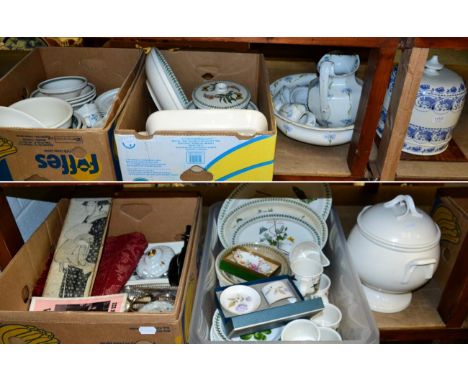 Four boxes including a large assortment of Portmerion 'Botanic Garden' pattern wares, Japanese woodblock print, cheese dome, 
