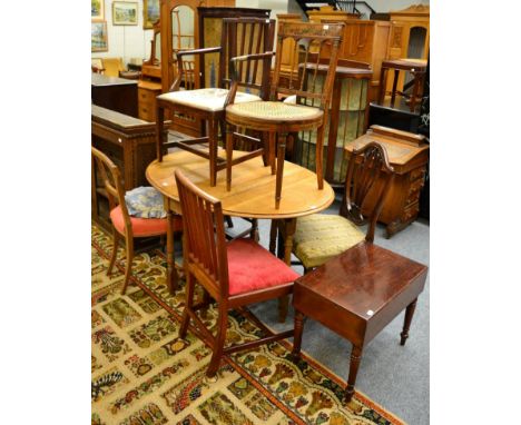An oak gateleg table, six various chairs and a 19th century mahogany commode