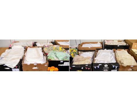 Assorted white linen and cotton including mainly table linen, place mats, tray cloths with embroidery, textiles etc (ten boxe