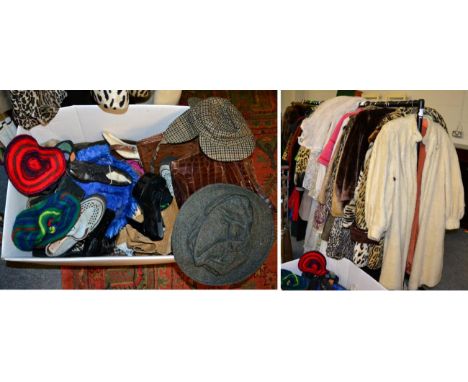 Assorted costume and accessories including faux fur jackets and coats, wedding dresses, day dresses etc, and a box of assorte