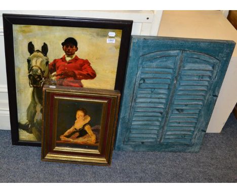 Picture of a huntsman on horseback; a portrait of a lady; and a modern mirror with shutter doors (3)