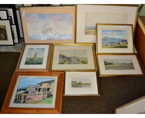 A group of eight late 19th and early 20th century watercolours including seascapes, hunting and rural scenes etc